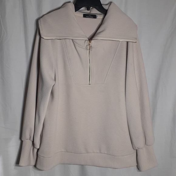 Trendy Queen‎ Beige Quarter Zip Oversized Pullover Women's Size Medium Shirt - Picture 2 of 11